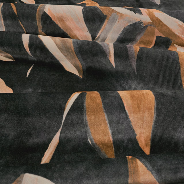 Charcoal fabric with large rust, stone and blue-grey abstract brushstrokes and soft texture