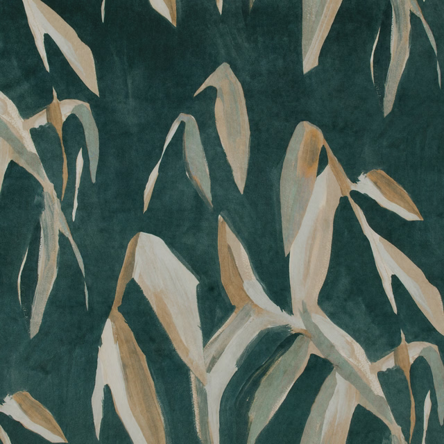 Deep teal fabric with large painterly ivory, beige and tan abstract leaves