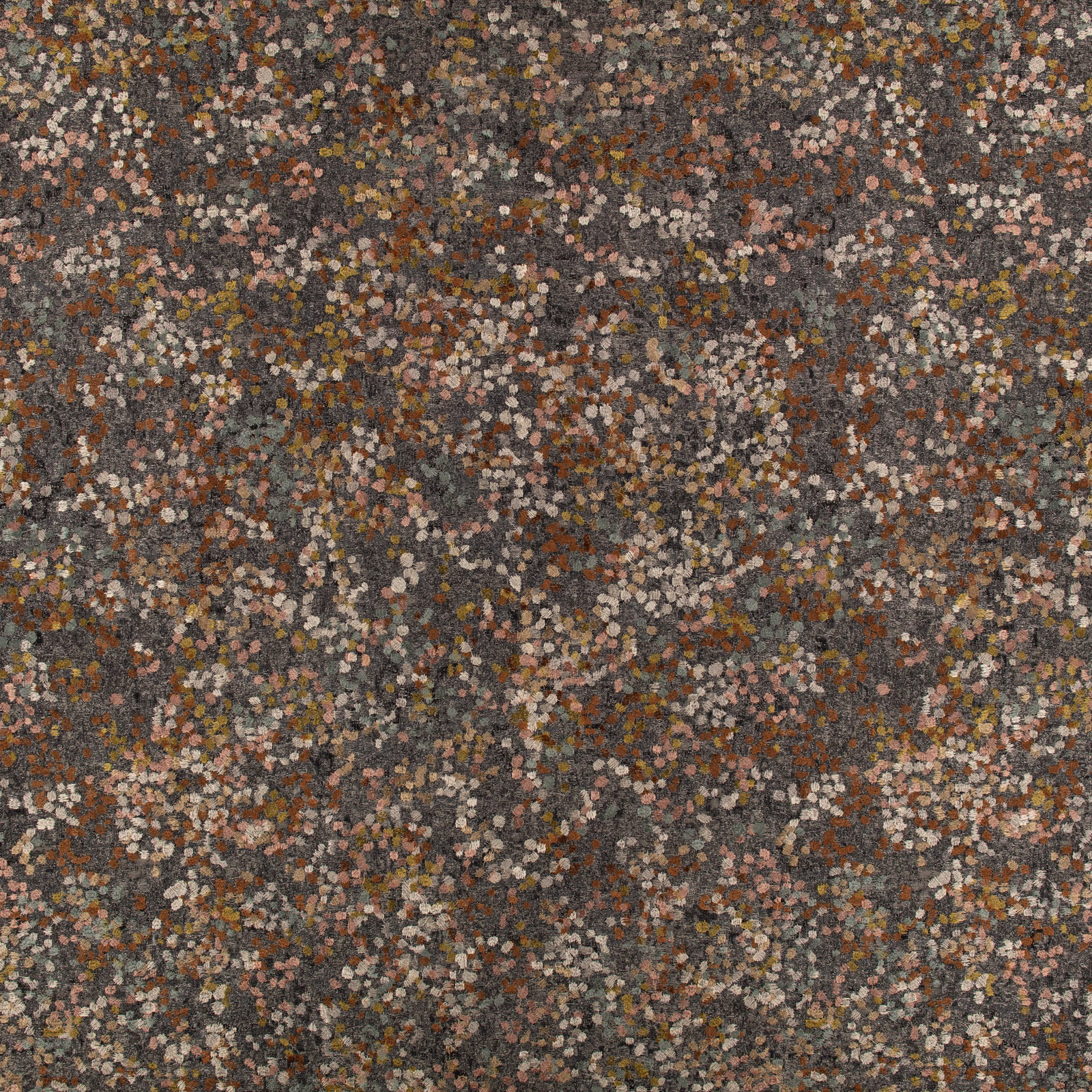 Charcoal taupe textile densely covered with rust, cream and ochre flecks