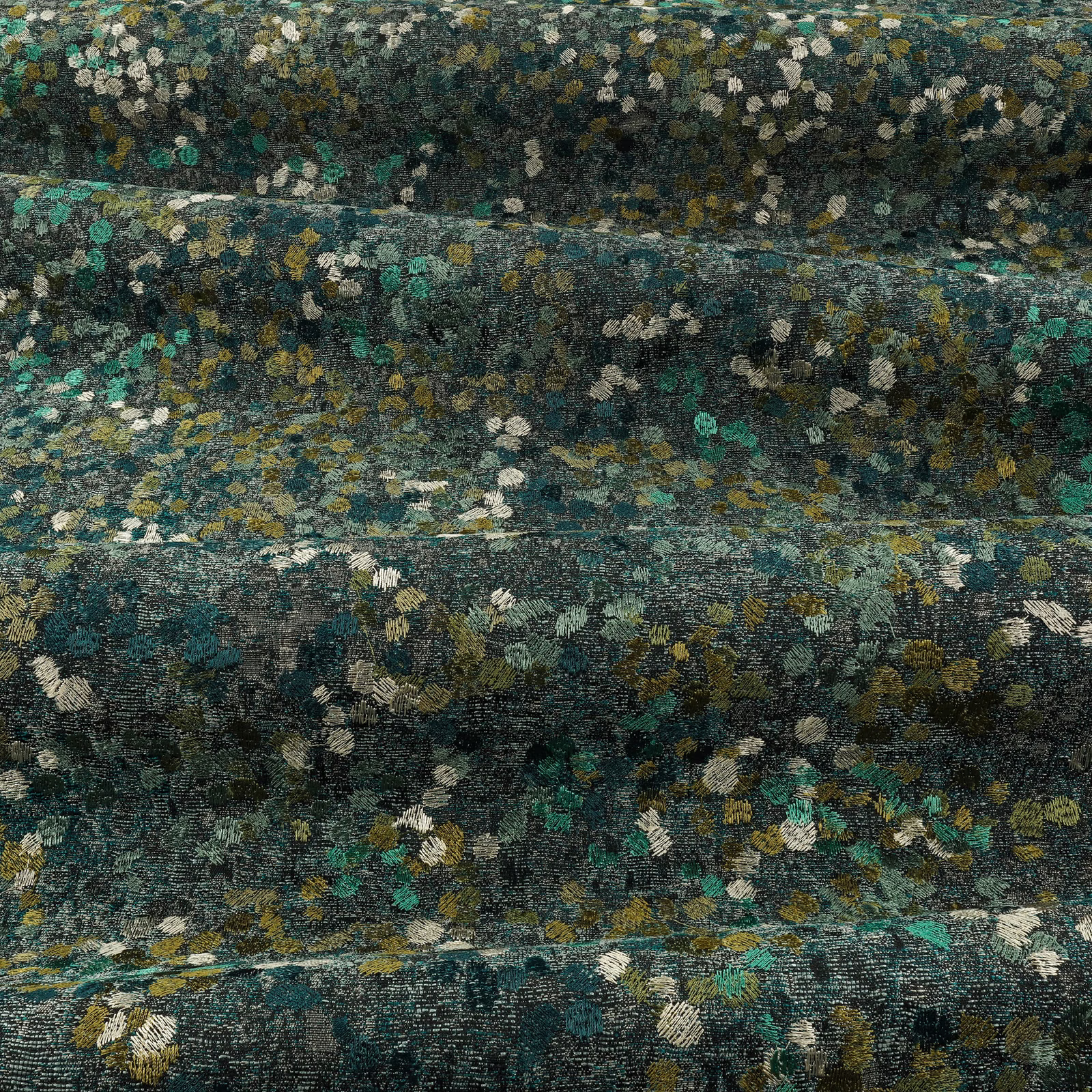 Deep teal textured floral weave with cream, gold, turquoise and charcoal flecks