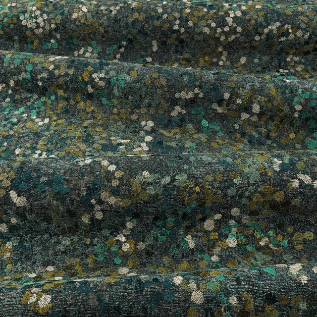 Deep teal textured floral weave with cream, gold, turquoise and charcoal flecks