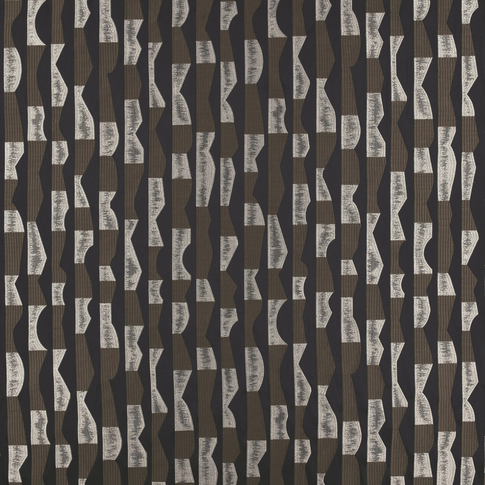 Charcoal and brown woven fabric with silver-grey distressed geometric vertical motifs