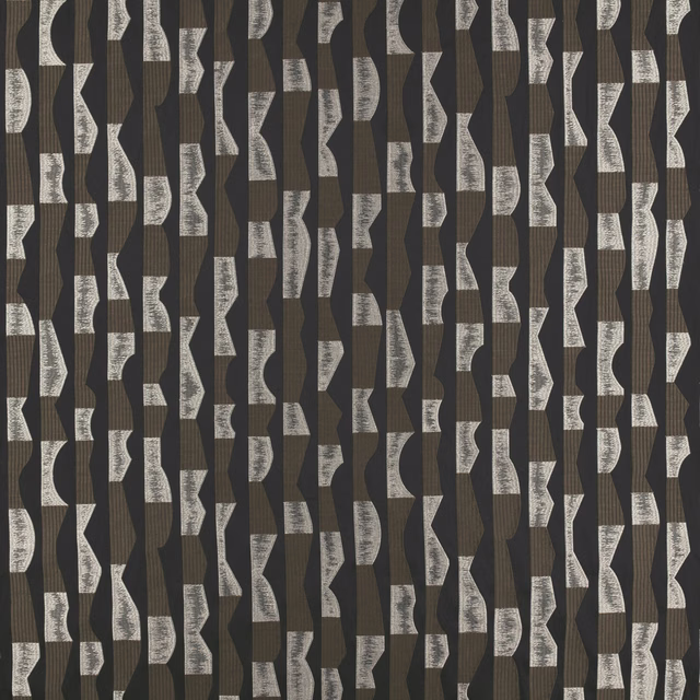 Charcoal and brown woven fabric with silver-grey distressed geometric vertical motifs