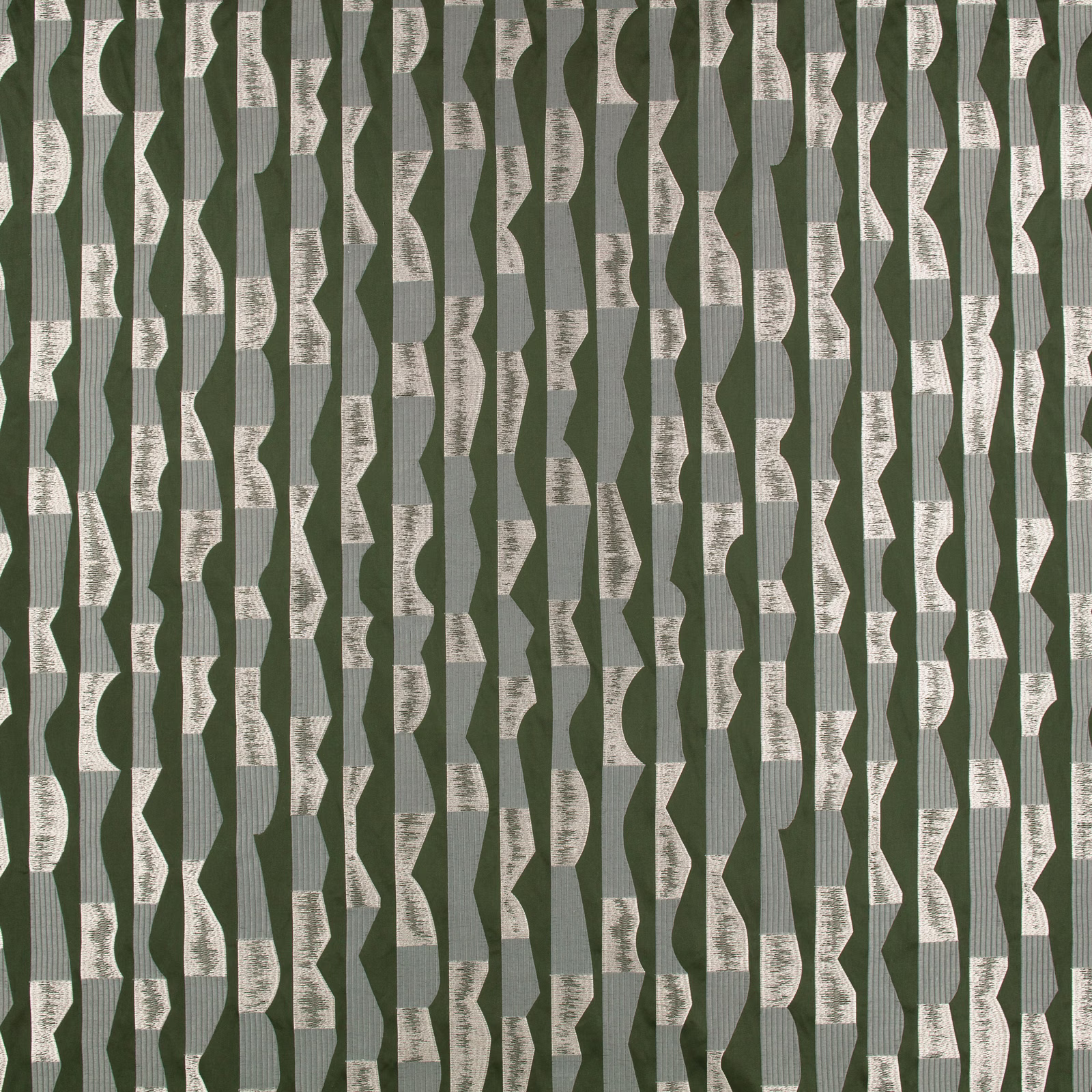 Muted olive textile with irregular cream, sage and grey vertical geometric bands