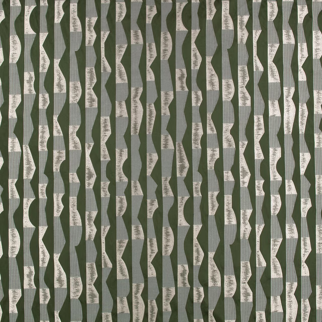 Muted olive textile with irregular cream, sage and grey vertical geometric bands