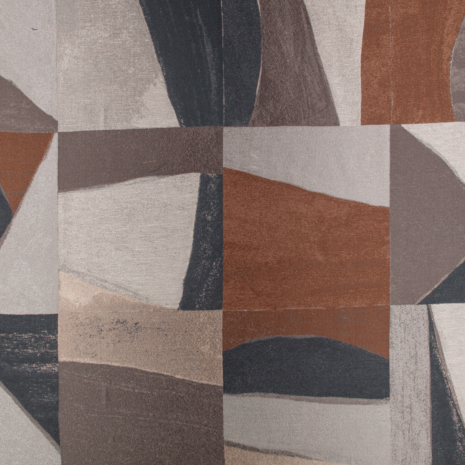 Rust, charcoal, taupe and cream abstract geometric textile with softly textured surface