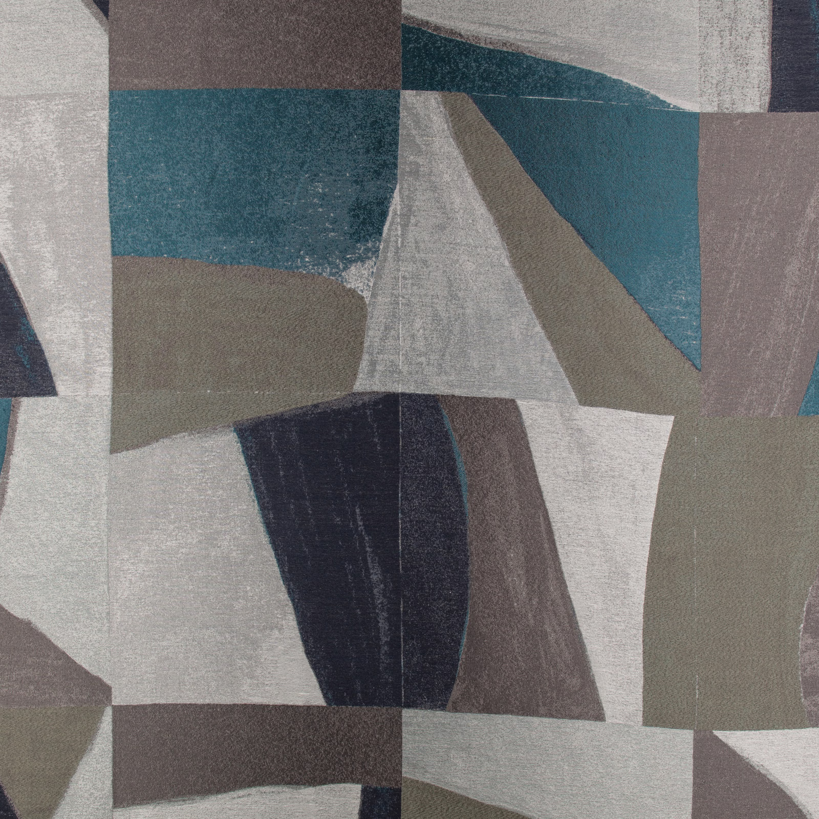 Muted teal and charcoal geometric fabric with taupe and pale grey angular blocks