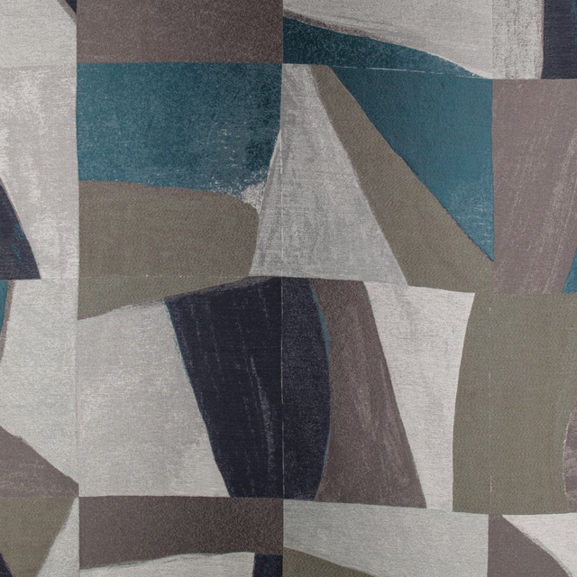 Muted teal and charcoal geometric fabric with taupe and pale grey angular blocks