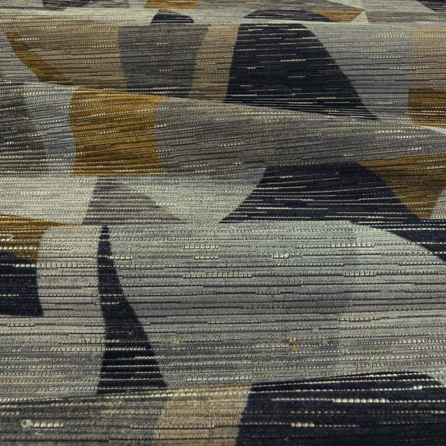 Oxide velvet swatch with charcoal, ochre and grey abstract geometric blocks