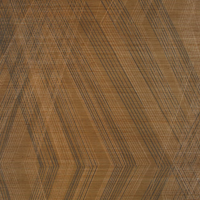 Warm cumin-brown wallpaper with charcoal lines, fine striations and angular zigzag bands