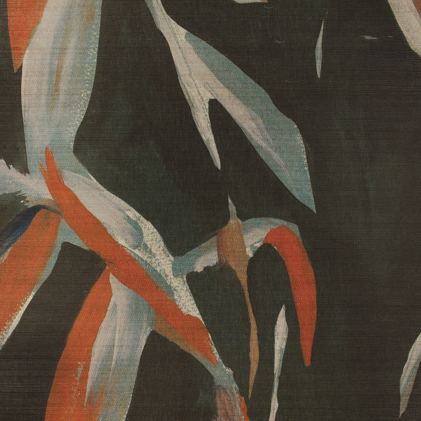Charcoal wallpaper with painterly teal, ivory and terracotta tropical leaves