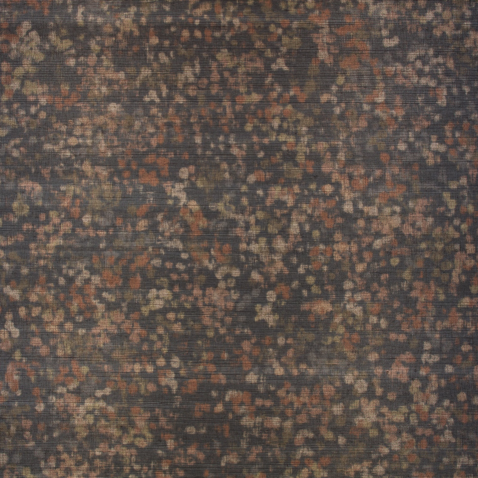 Dark charcoal-brown wallpaper with tiny rust, taupe and olive floral-like flecks