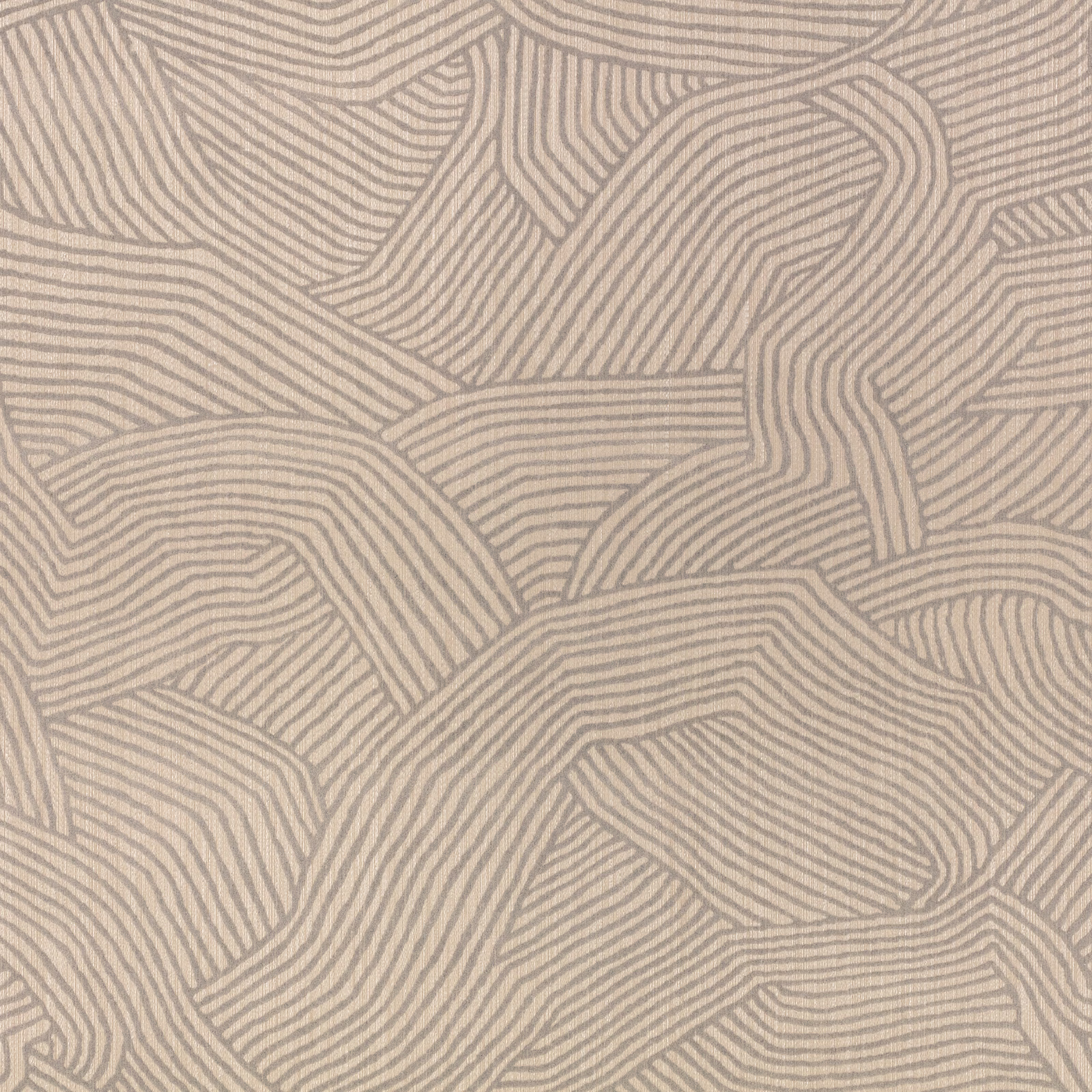Warm taupe wallpaper with steel-grey flowing bands and fine parallel lines