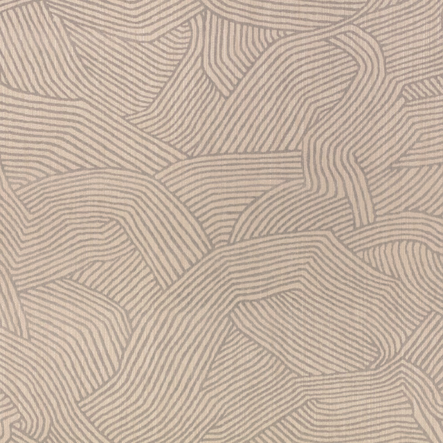 Warm taupe wallpaper with steel-grey flowing bands and fine parallel lines