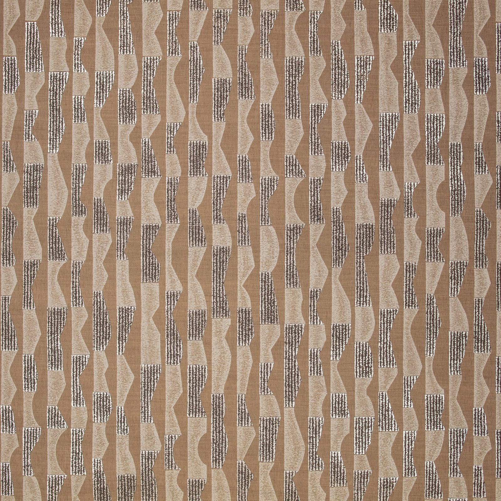 Warm spice taupe wallpaper with vertical geometric shapes and charcoal broken-line accents