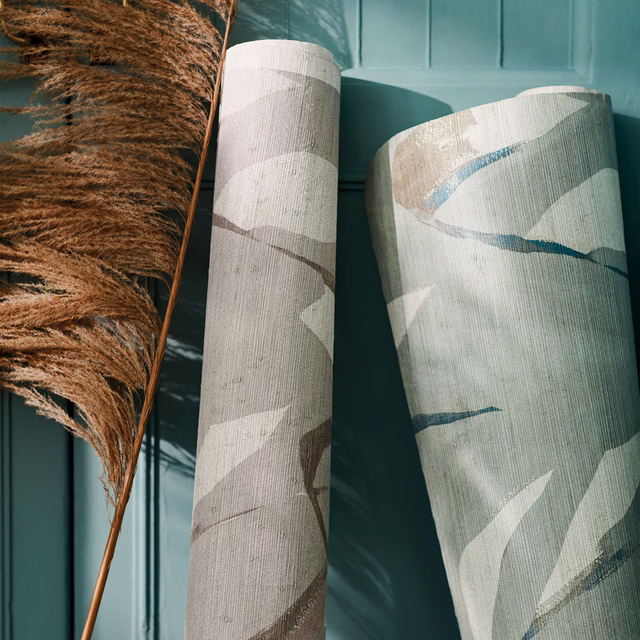 Cool mineral-grey wallpaper with sweeping blue-grey and taupe abstract forms