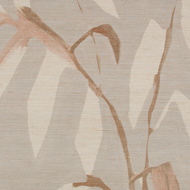Pale taupe abstract wallcovering with blush shapes, brown branches and fine horizontal texture