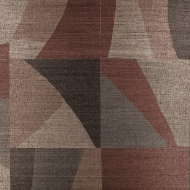 Large geometric wallpaper in taupe, charcoal, stone grey and deep Syrah red-brown