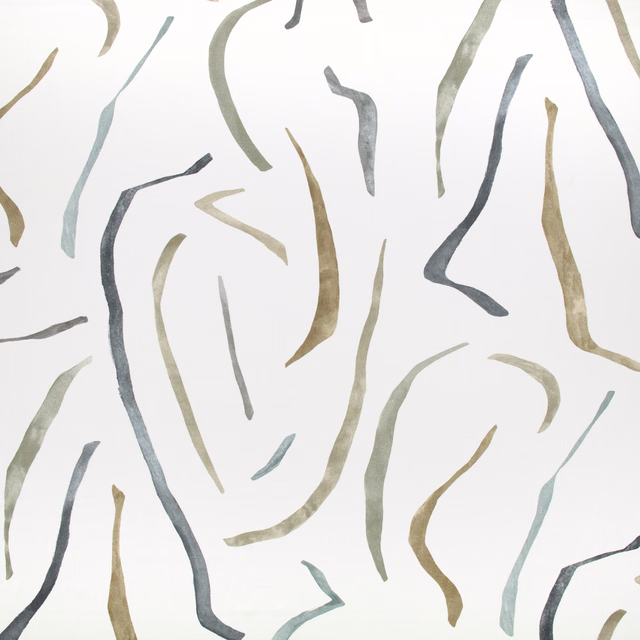 Chalk-white fabric with abstract slate, olive and blue-grey curved strokes