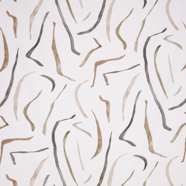 Chalky cream textile with scattered taupe, grey and olive abstract brushstrokes