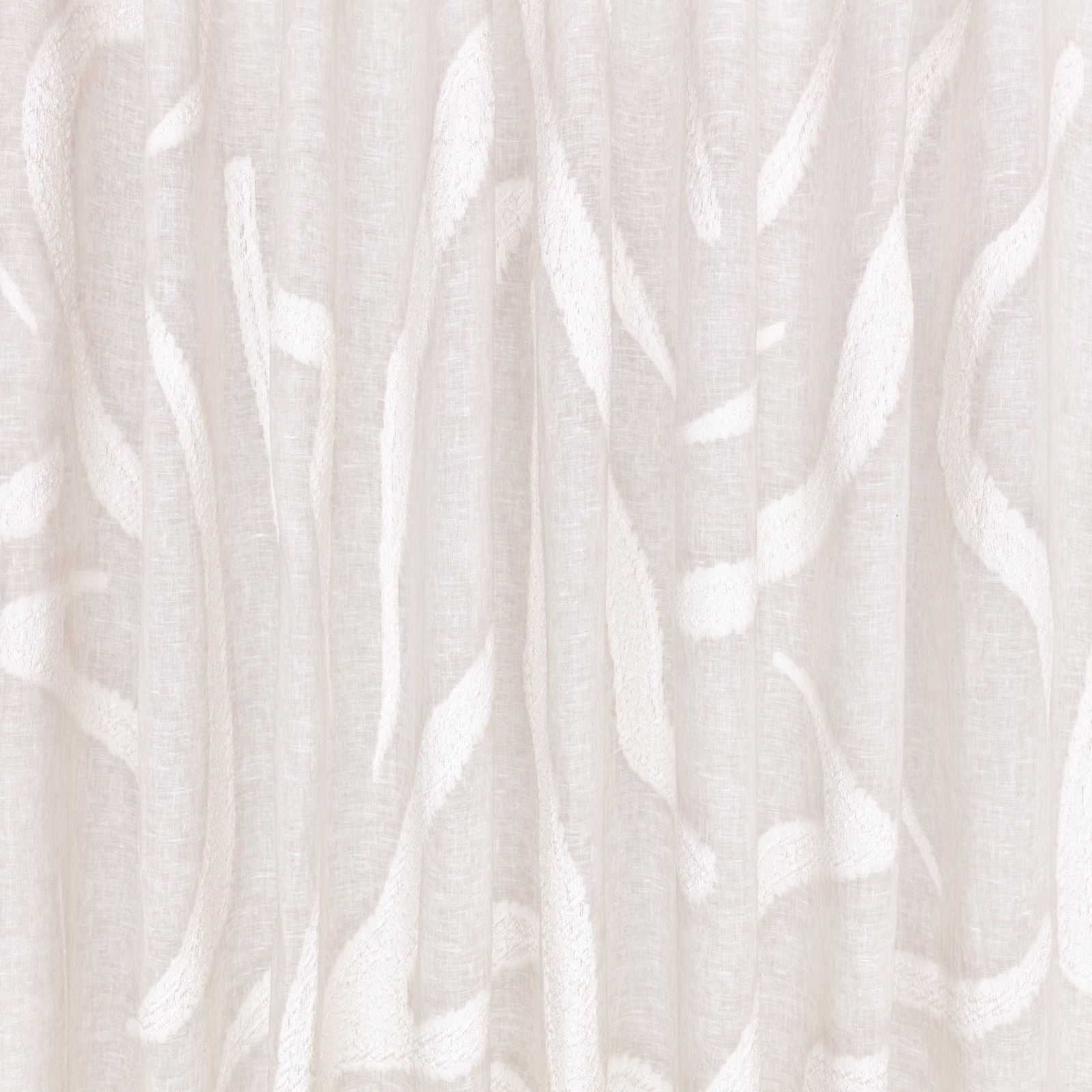 Warm ivory sheer fabric with white organic vertical marks and fine translucent texture