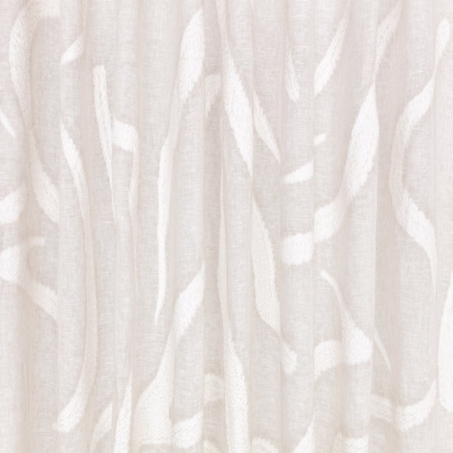 Warm ivory sheer fabric with white organic vertical marks and fine translucent texture