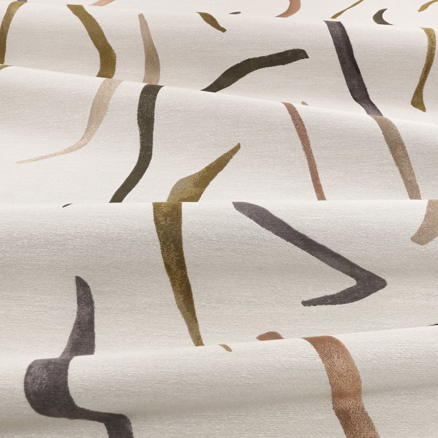 Warm ivory jacquard with olive, charcoal, taupe and rust abstract brushstroke marks