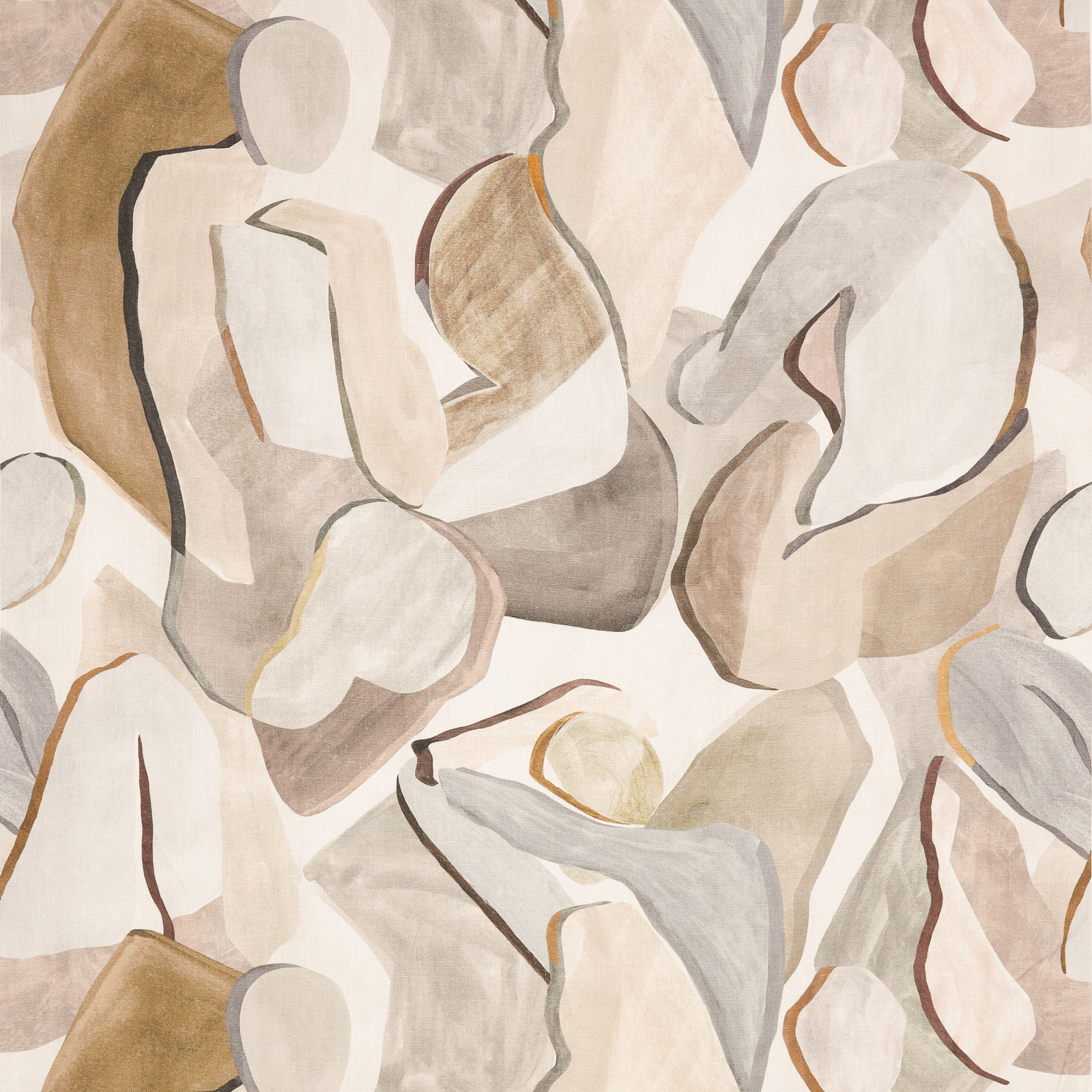 Warm cream fabric with large taupe, stone-grey and tan abstract painterly forms