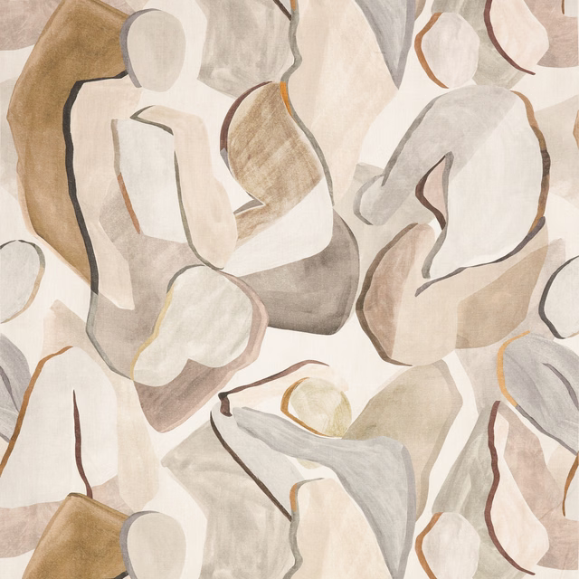 Warm cream fabric with large taupe, stone-grey and tan abstract painterly forms