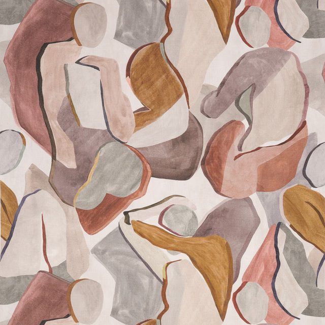 Cream abstract textile with blush, ochre, taupe and rust organic shapes
