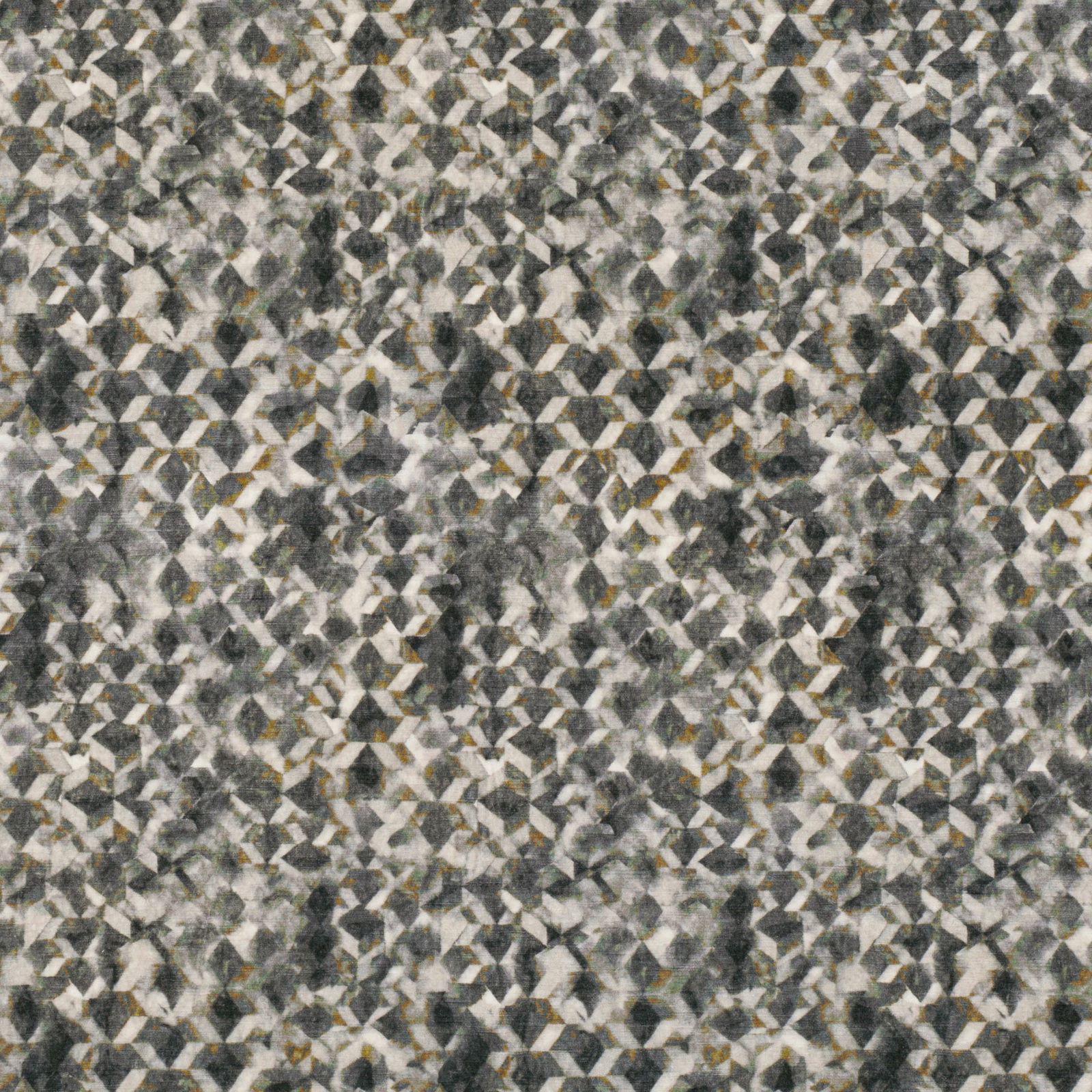 Charcoal and cream geometric fabric with mottled grey texture and oxide flecks
