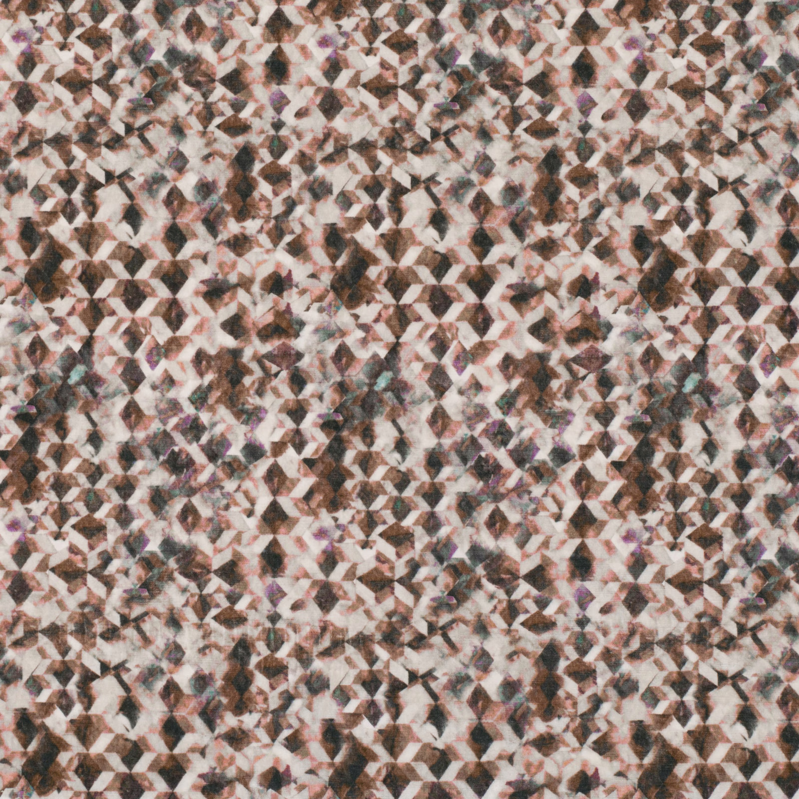 Rosewood, blush and cream fabric with dense small-scale geometric motifs and soft texture