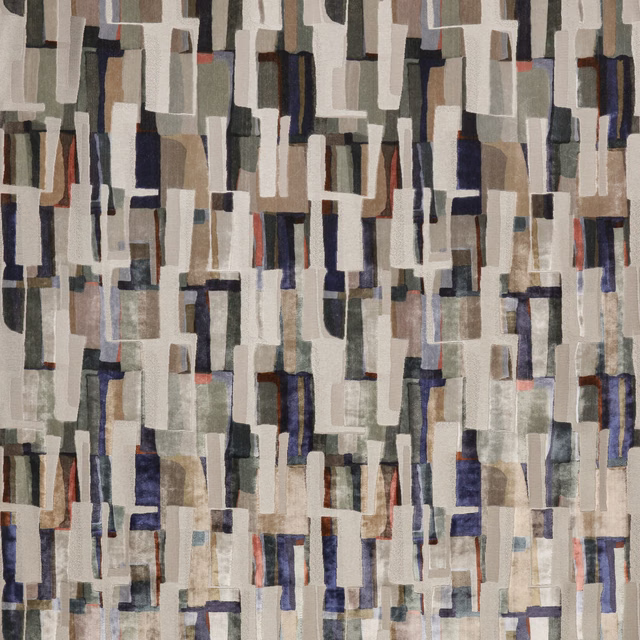 Abstract geometric fabric with lazurite blue, stone, taupe and cream woven blocks