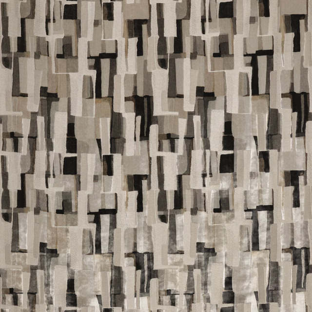 Stone-grey textile with layered charcoal, ivory and taupe rectangular motifs