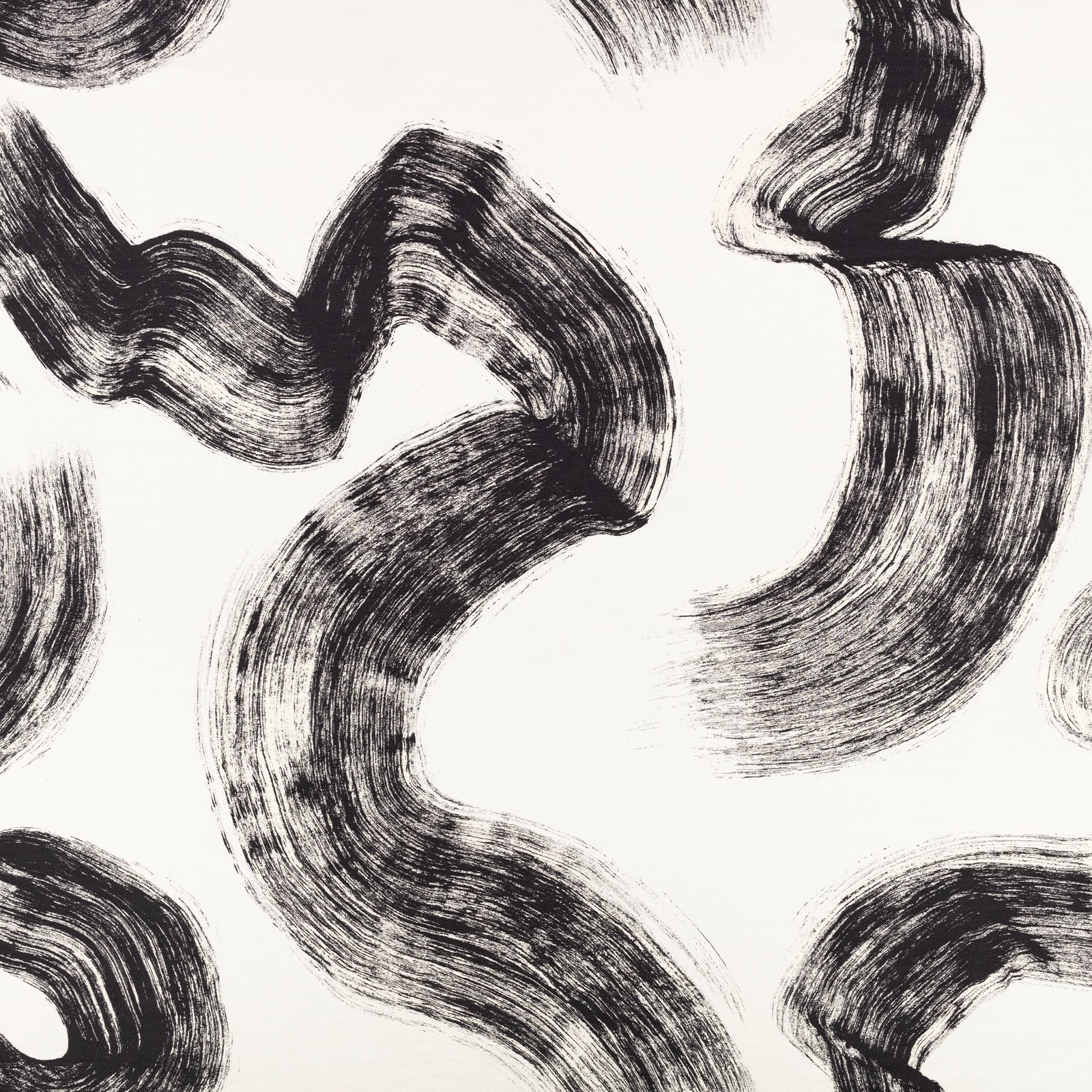 Ivory fabric with large sweeping charcoal-black abstract brushstroke motifs