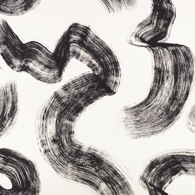 Ivory fabric with large sweeping charcoal-black abstract brushstroke motifs