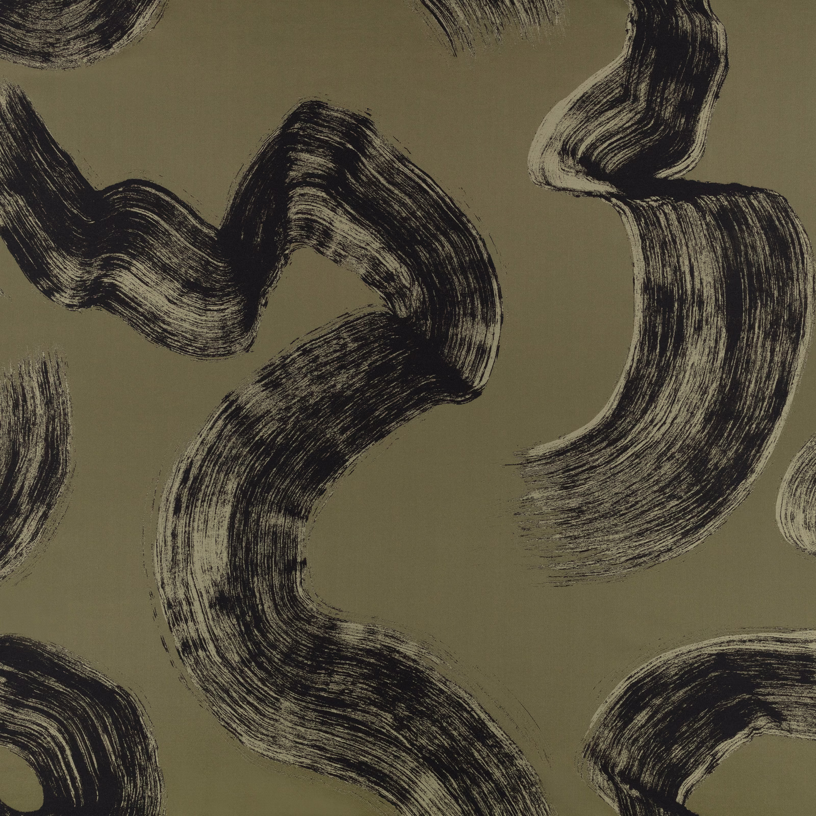 Olive khaki fabric with sweeping black dry-brush strokes and fine striated edges