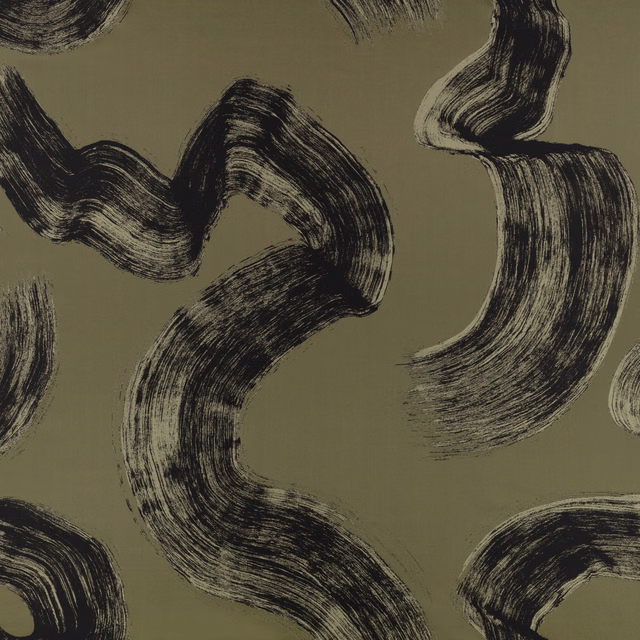 Olive khaki fabric with sweeping black dry-brush strokes and fine striated edges