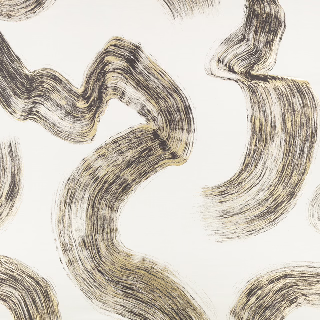 Warm cream fabric with sweeping muted gold and charcoal brushstroke bands