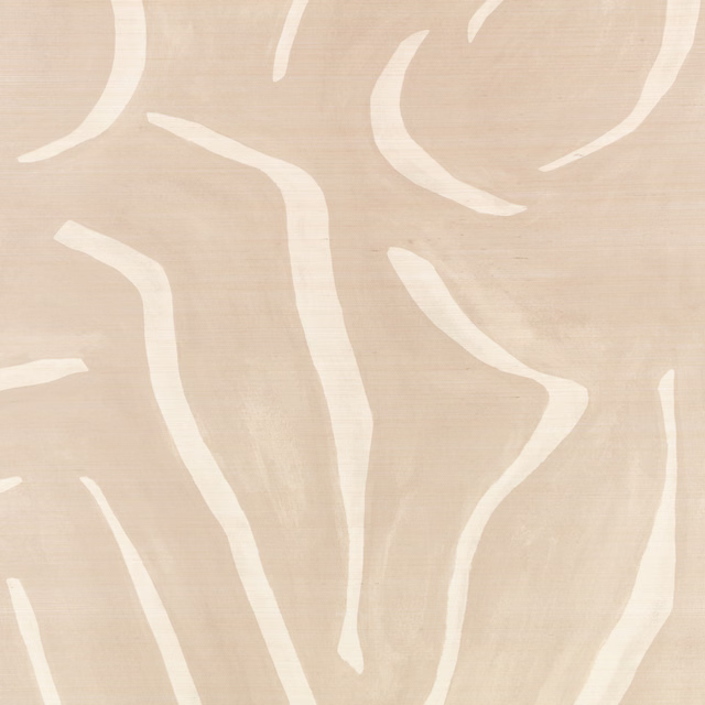 Warm beige wallpaper with sweeping ivory contour marks and subtle linear texture
