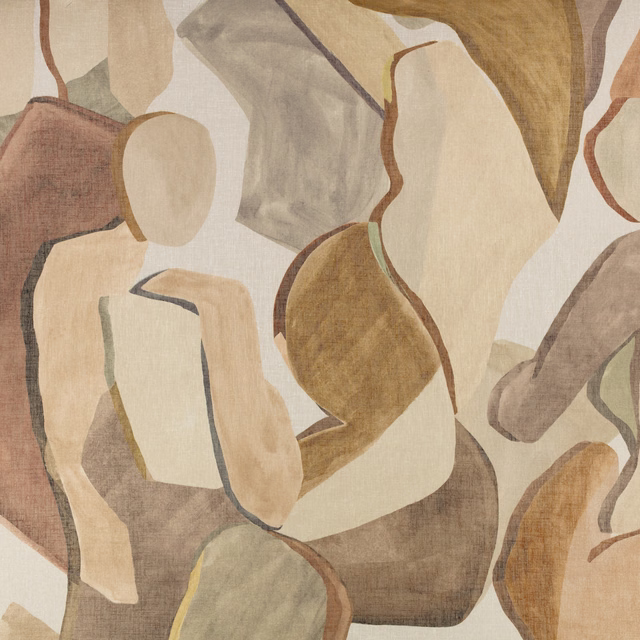 Muted Mehndi wallpaper with oversized taupe, camel, brown and cream organic panel shapes