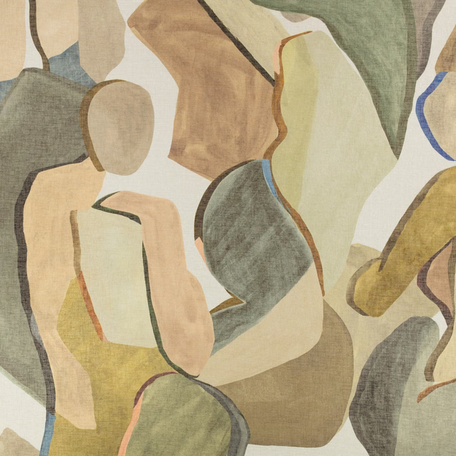 Abstract wallpaper panel in sage, olive, taupe and ochre with dark contours