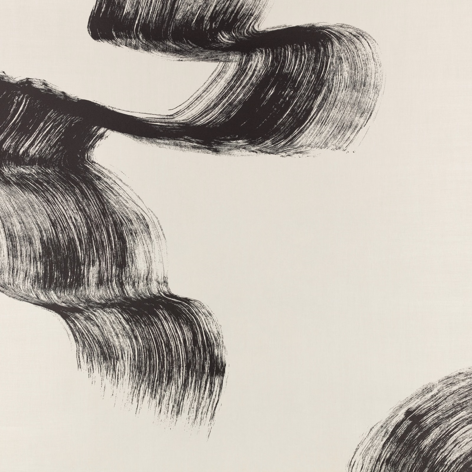 Ivory wallpaper with sweeping black brushstroke forms and feathered edges