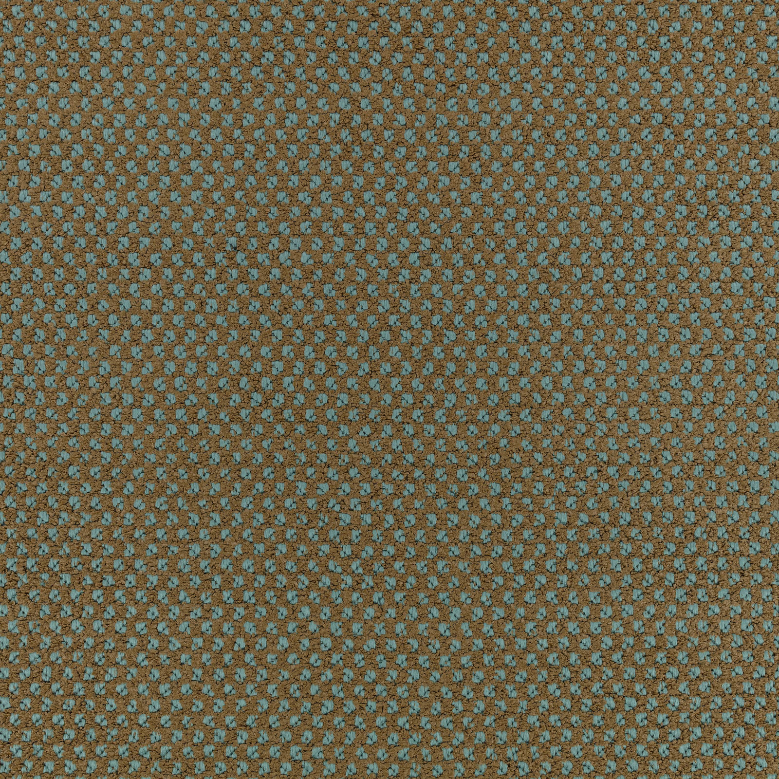 Brown woven upholstery with dense small teal flecks in a textured geometric pattern
