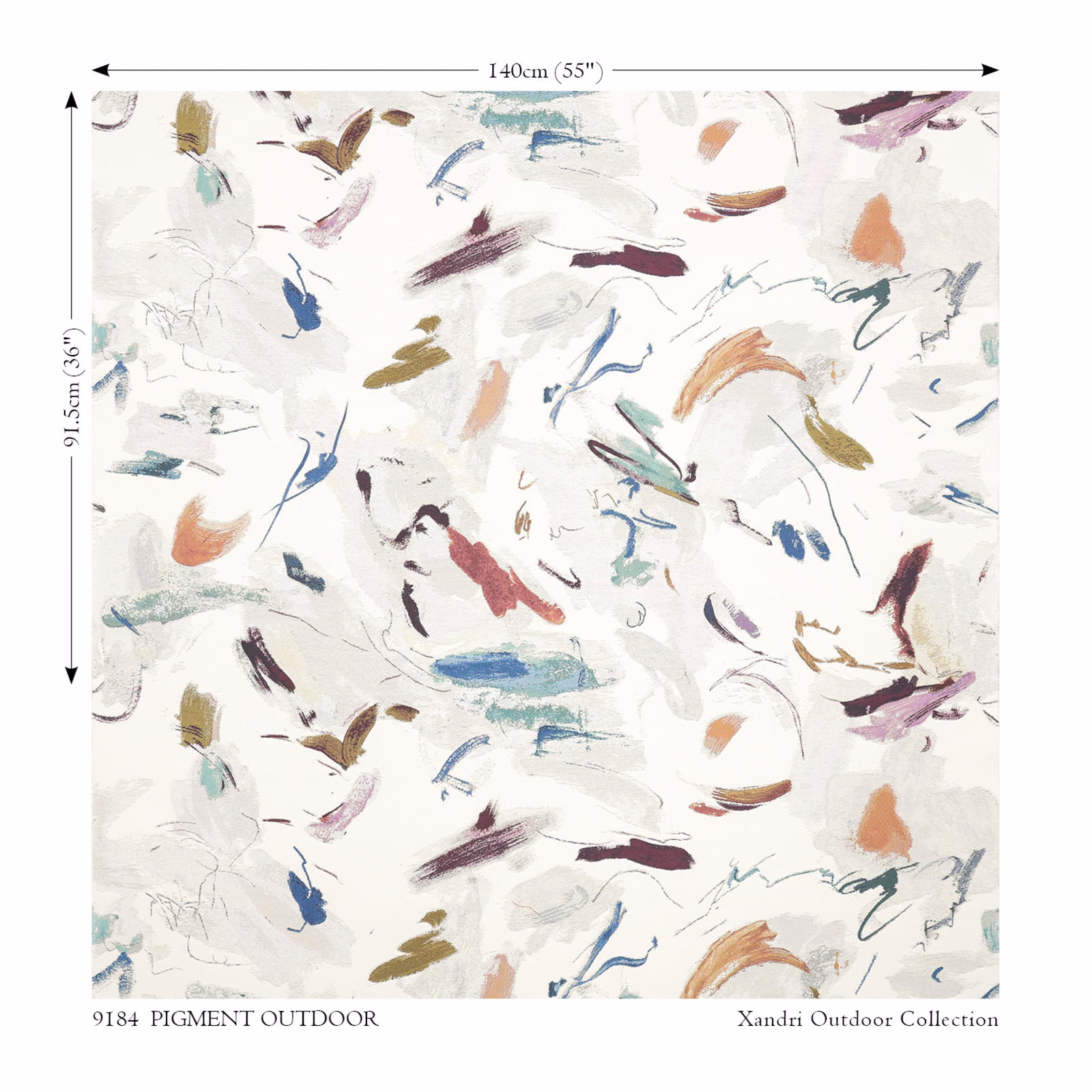 Warm ivory outdoor fabric with scattered blue, rust, plum and olive painterly brush marks