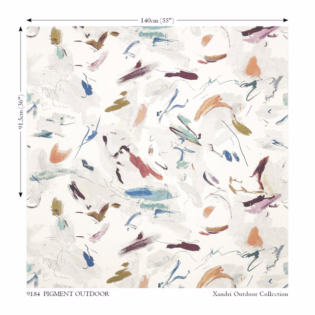 Warm ivory outdoor fabric with scattered blue, rust, plum and olive painterly brush marks