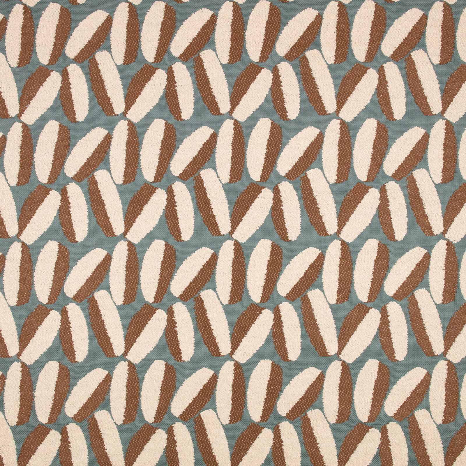 Muted teal outdoor textile with cream and terracotta-brown elongated woven motifs