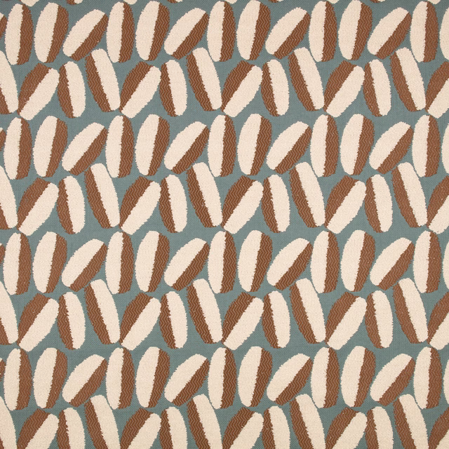 Muted teal outdoor textile with cream and terracotta-brown elongated woven motifs