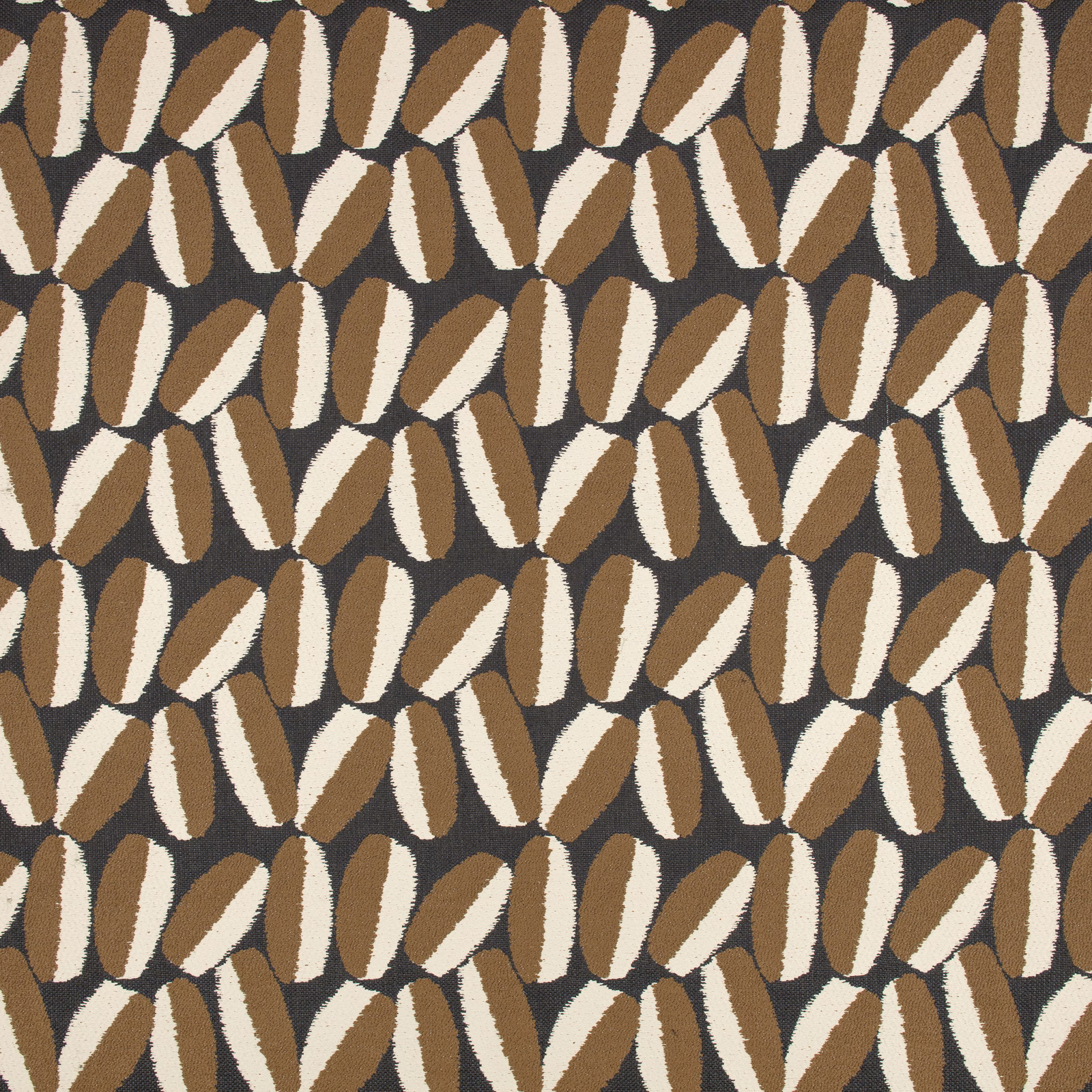 Warm brown outdoor textile with repeating ivory and camel leaf-like motifs