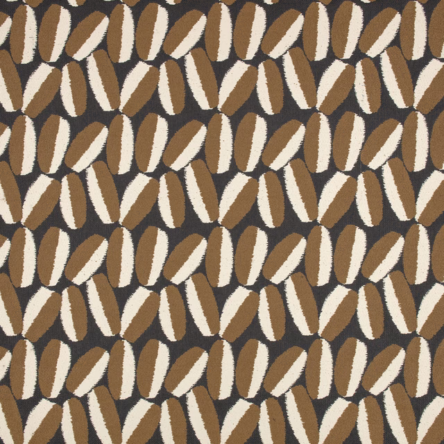 Warm brown outdoor textile with repeating ivory and camel leaf-like motifs